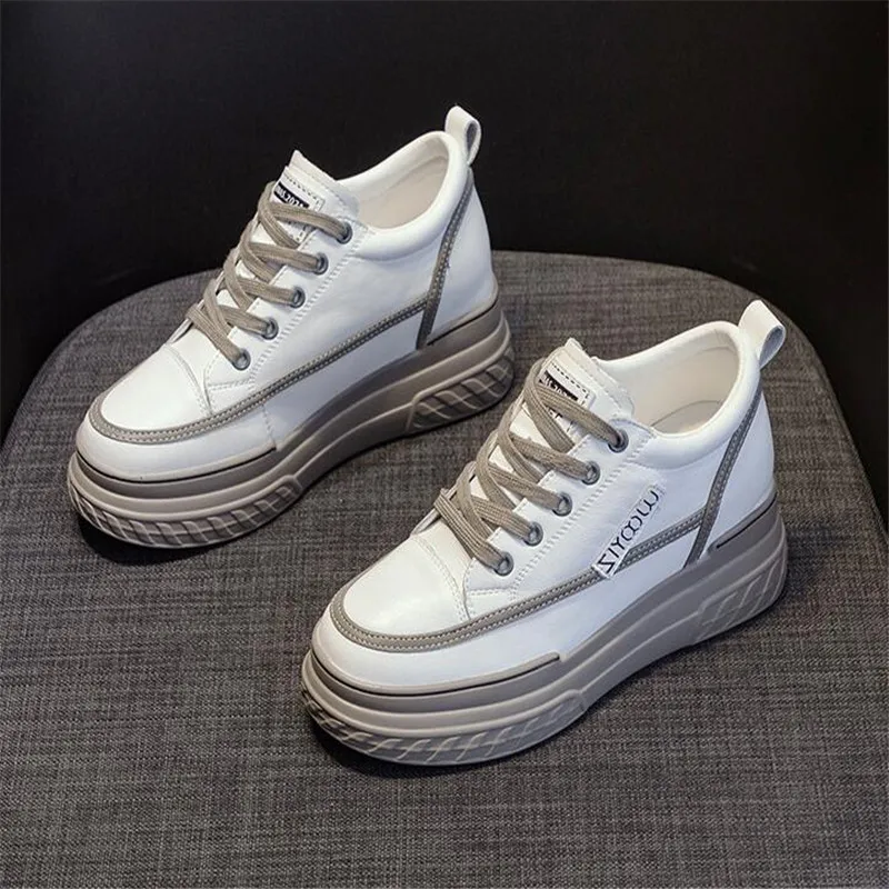 

8cm Genuine Leather Women Shoes Platform Wedge Sneakers Chunky Shoes Hidden Heel White Black Women Casual Shoes Summer