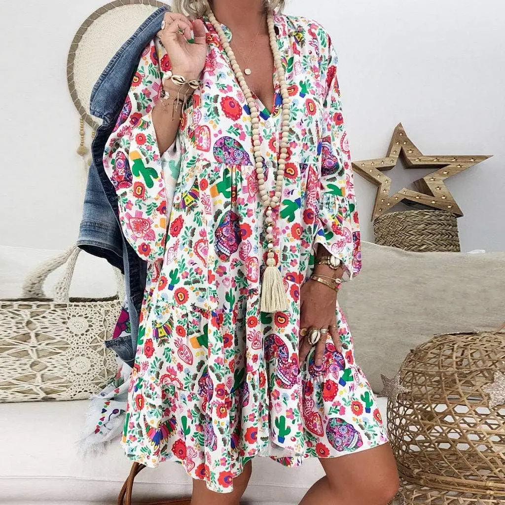 

Elegant Dress Women's Plus Graphic Print Bell Sleeve Stand Neck Henley Dress
