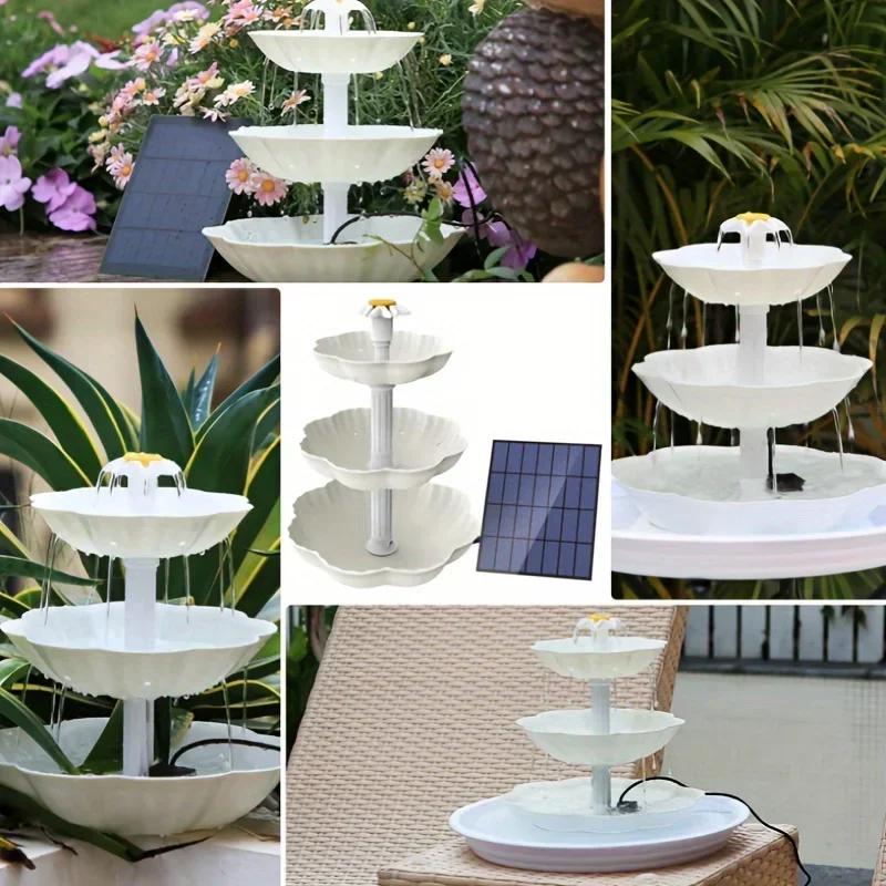 Solar Fountain Triple Bird Bath DIY Detachable Garden Water Feature For Ponds Pools Backyards