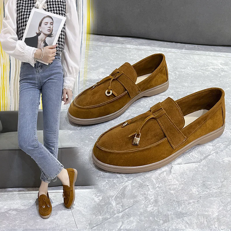 

2023 New Faux Suede Leather Women Shoes Flat Lock Shoes Lazy Slip-on Metal Loafers Lady Casual Walk Shoes Woman Shoes Ladies