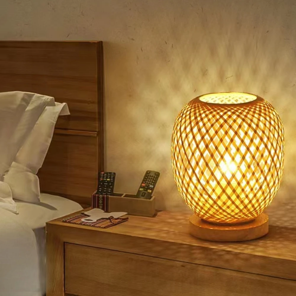 LED Table Lamp Wood Table Bamboo Light Dimmable Rattan Lampshade Plug Bedroom Bedside Night Light Home Decor