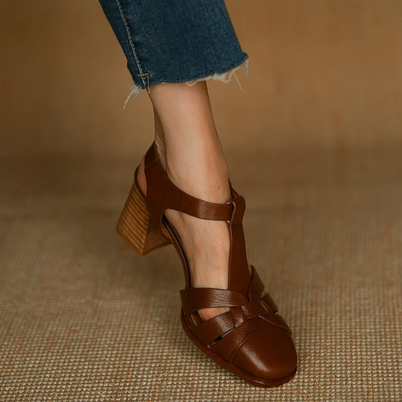 

Summer Sandals Female Retro Sandals Buckle Strap Womens Pumps Cowhide Ladies Shoes Spring Autumn Gladiator Sandal Roman Style