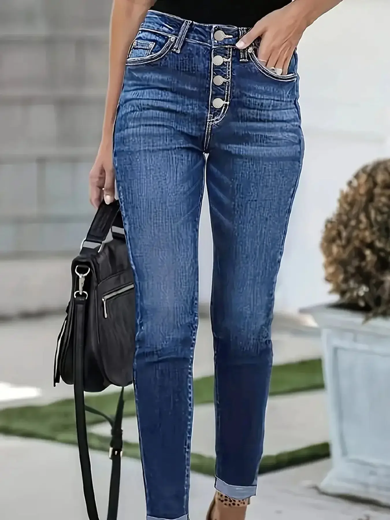Y2k Jeans For Woman Blue Stretch Denim Pants Multiple Buttons Rolled Hem Ankle Length Fashion Trousers 1
