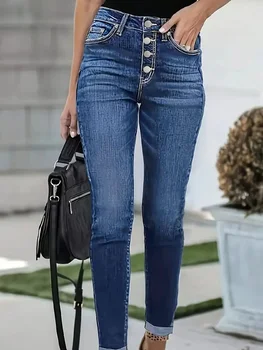 Y2k Jeans For Woman Blue Stretch Denim Pants Multiple Buttons Rolled Hem Ankle Length Fashion Trousers 1