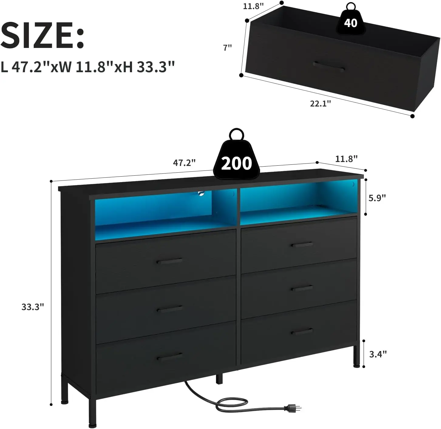 Dresser for bedroom, Fabric Black Bedroom Dresser with LED Lights and Charging Station, 6 Long Drawers Dresser, Tall Wide Chest 3