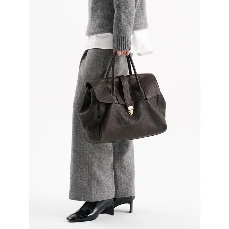 

Handbag Head Layer Cowhide Briefcase Ladies Luxury Designer Brand Genuine Leather Bag Retro Large Capacity Commuter