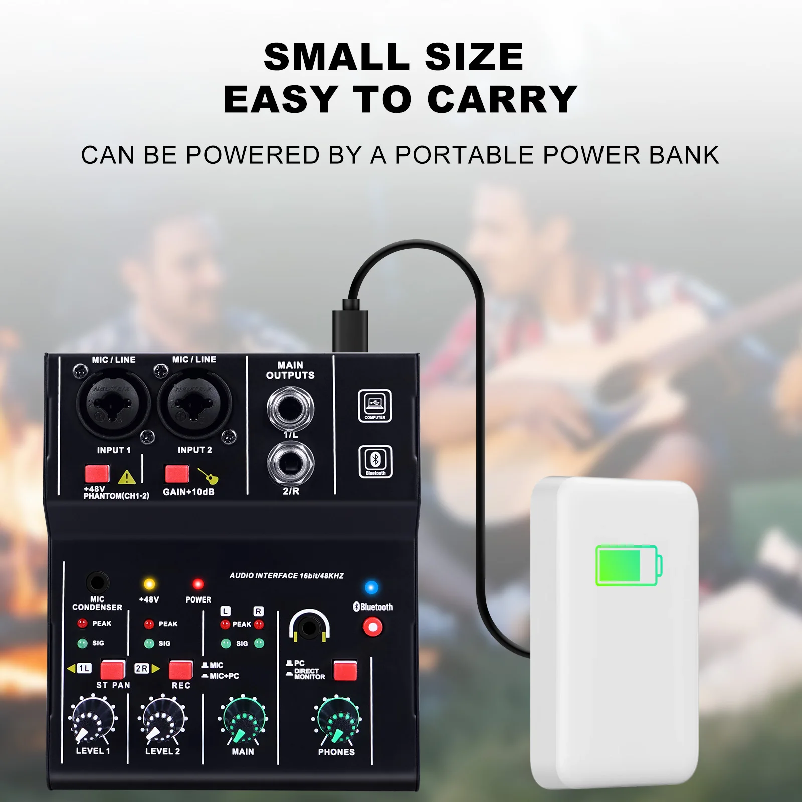 Mini Audio Mixer 2 Channels Portable Live Sound Card Board Console System 48V Phantom Power 16 BIT 48KHZ DJ Mixer