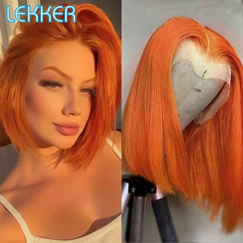 Lekker Ginger Orange Short Straight Bob T Part Lace Front 100% Human Hair Wig For Women Brazilian Remy Hair Colored Pixie Wigs