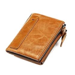 Genuine Leather RFID Card Holder & Coin Purse with Name Engraving - Short Style, Double Zipper, Unisex Design (Brown)