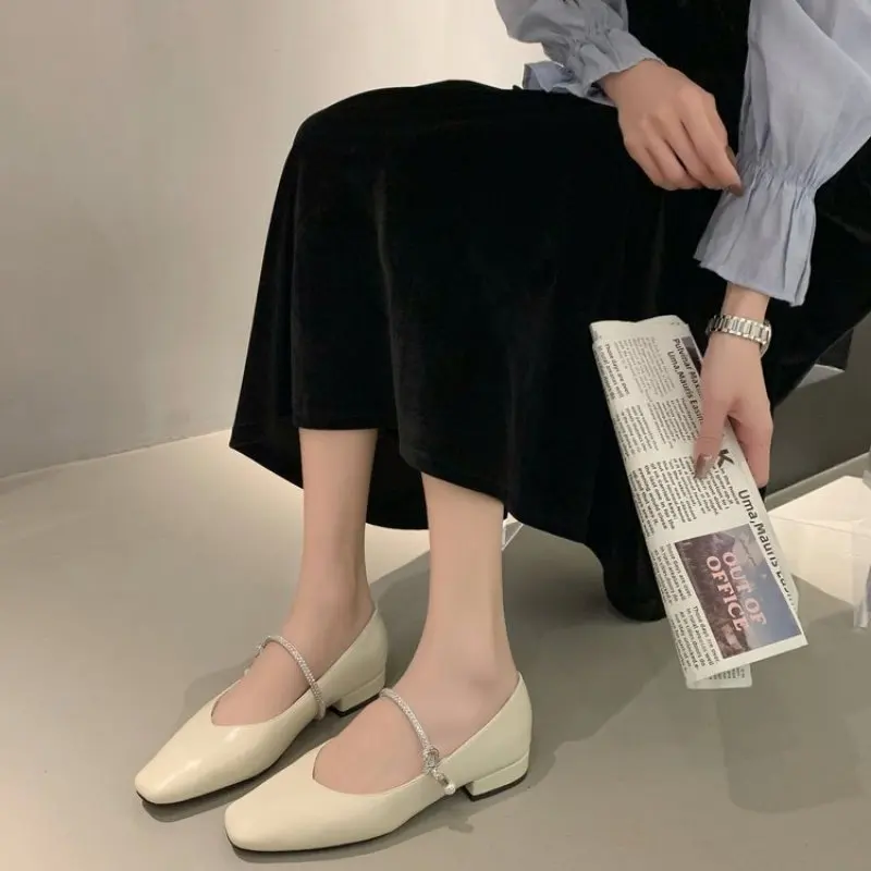2024 NEW Comfort Spring Flattie Square Toe Ballet Shoes Fashion Low Heel Shoes Silver Shallow Buckle Soft Sole Shoes Size 35-40