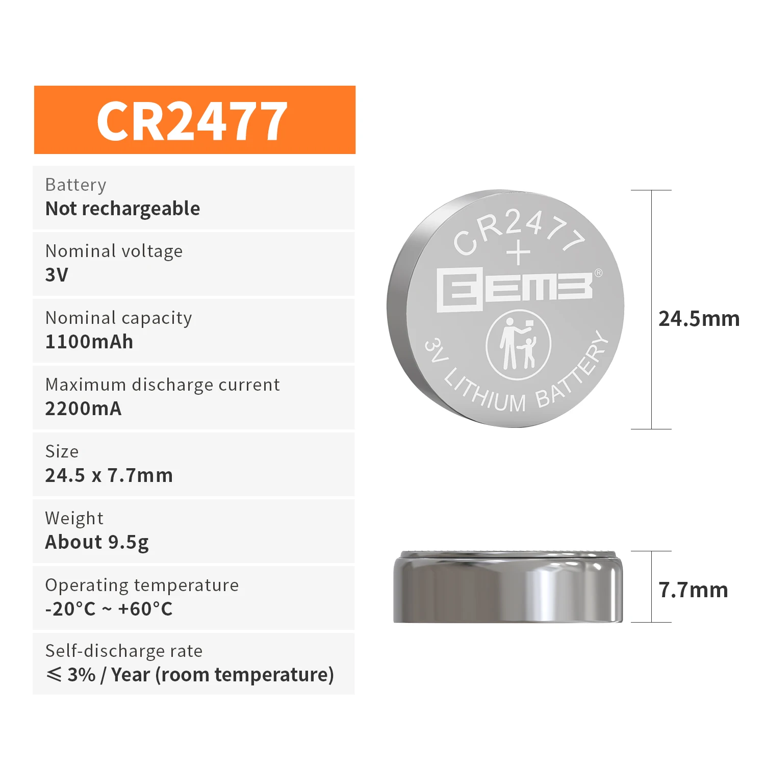 5/10/20/50/100個、Eemb非充電式リチウム電池cr 2477、3 v、ボタン電池1100 mah、車の鍵用 - AliExpress