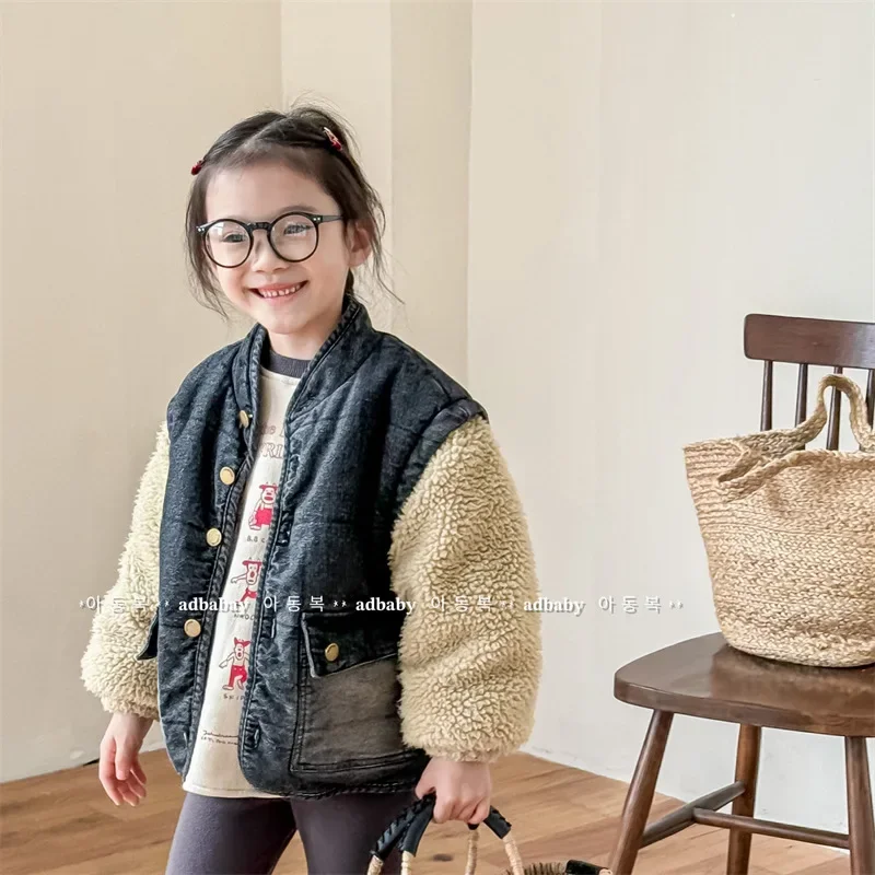 

Parkas Childrens Clothing Autumn Winter Korean Cowboy Lamb Cashmere Cotton Girls Coat Splicing pocket Versatile