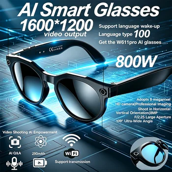 Occhiali Intelligenti con IA per Foto | Riconoscimento Oggetti, Traduzione in Oltre 100 Lingue, Registrazione Video 800W Pixel, Funzione di Chiamata Bluetooth