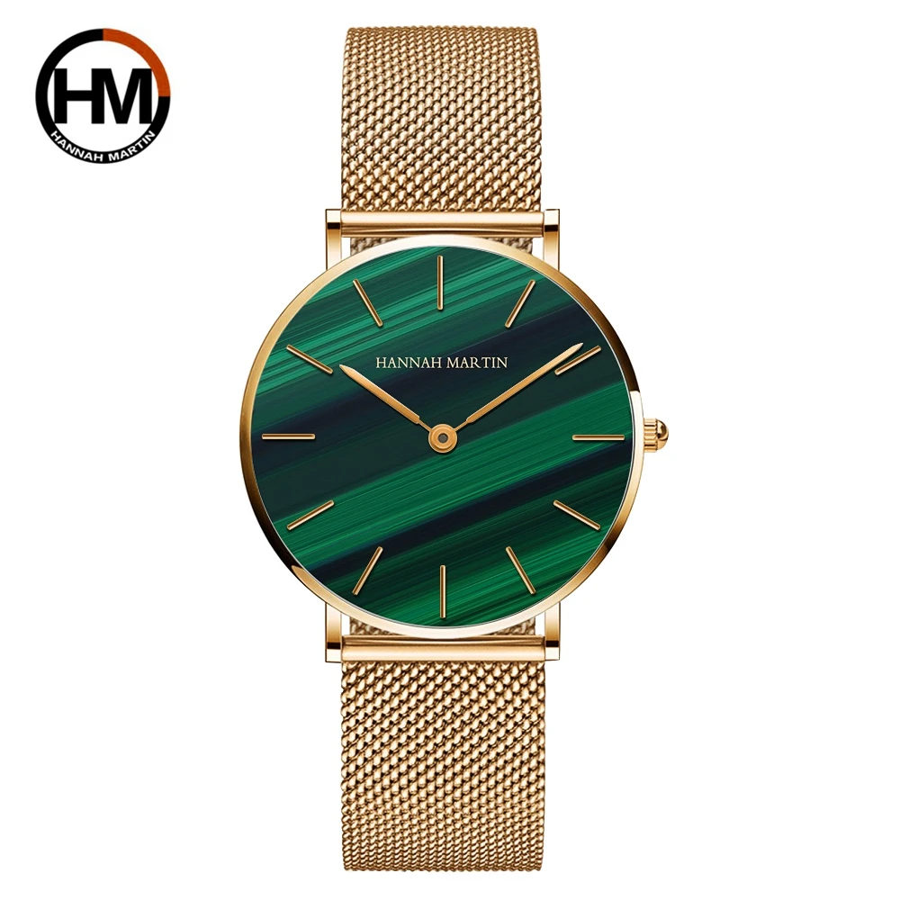 

Hannah Martin Top brand Women Watches Green Malachite Dial Ladies Quartz Wristwatch Stainless Steel Strap Waterproof Watches