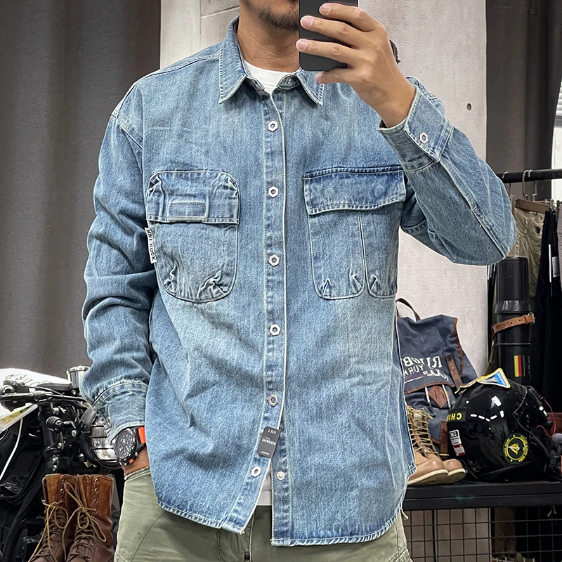 Denim Shirt Long Sleeved Shirt Spring and autumn American vintage heavy wash vintage color pocket loose for men