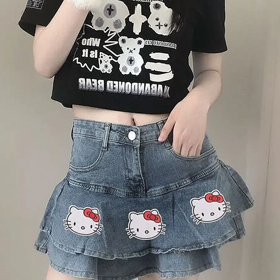 

New Sanrio Hello Kitty Short Skirt Y2k Fashion Spicy Girls Denim Outgoing Skirt Student Sweet Cool Skirt Girl Gift Summer Colloc