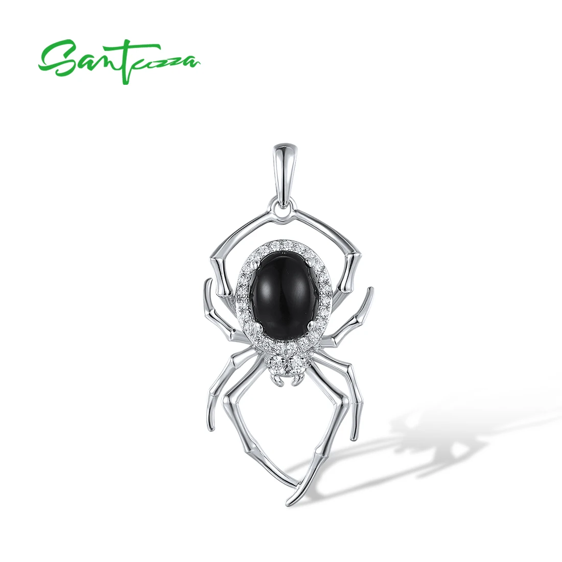 SANTUZZA Genuine 925 Sterling Silver Pendant For Women Black Agate White Cubic Zirconia Lovely Spider Trendy Cute Fine Jewelry