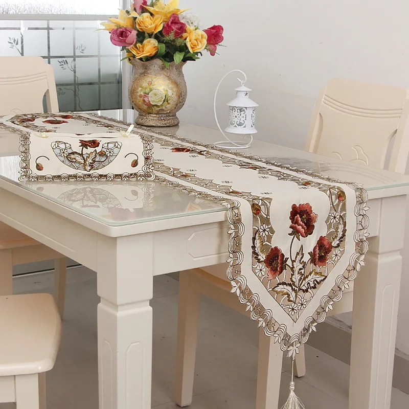 

Flower Pattern Table Runner Embroidered Floral Lace Fabric Translucent Gauze Table Cloth For Table Decoration