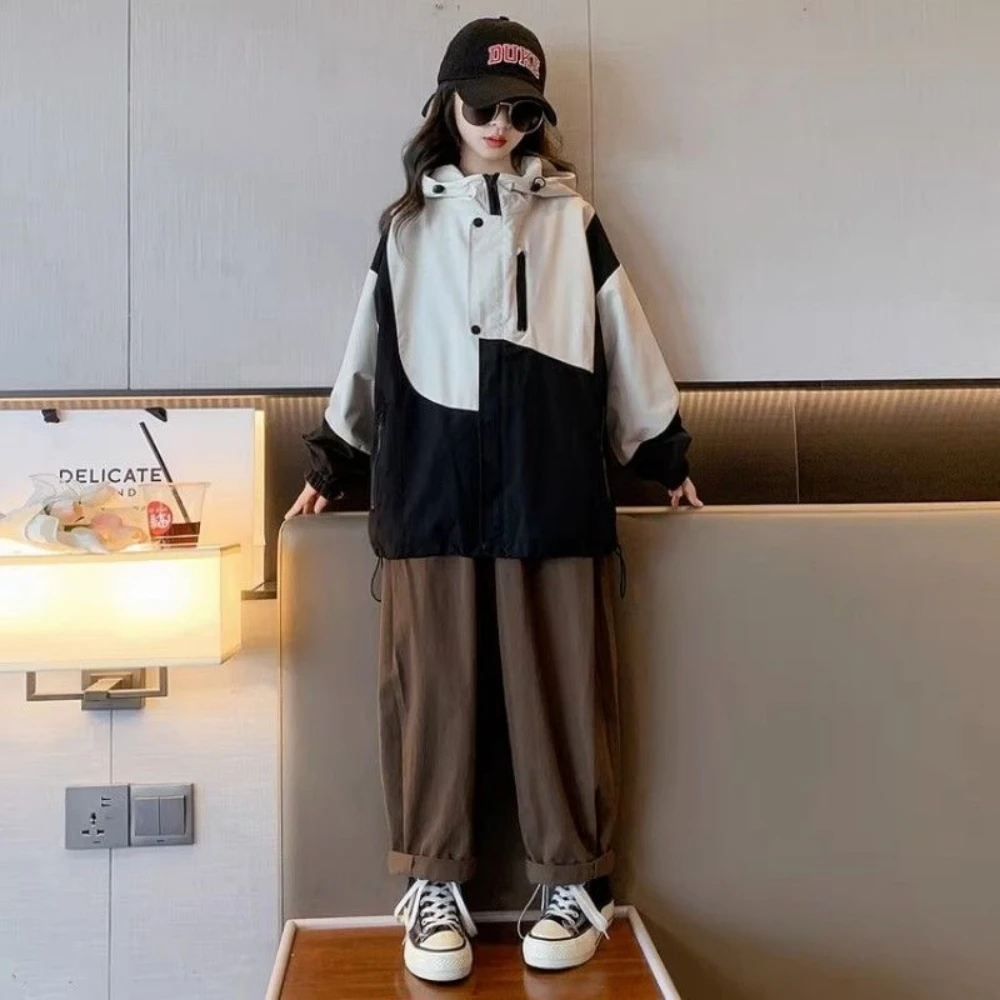 

Hooded Patchwork Full Sleeves Zipper Trench Coats 2023 New Fashion Jackets Boys Girls Spring Autumn Children Casual Windbreaker