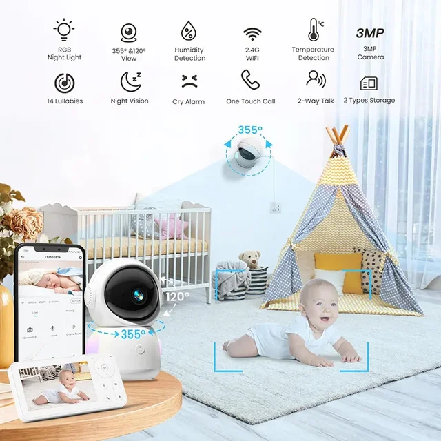 MY07 Alexa HD Baby Monitor 3MP Wireless WiFi Motion Tracking ONVIF Security Camera Remote RGB Night Light Two-way Intercom 5