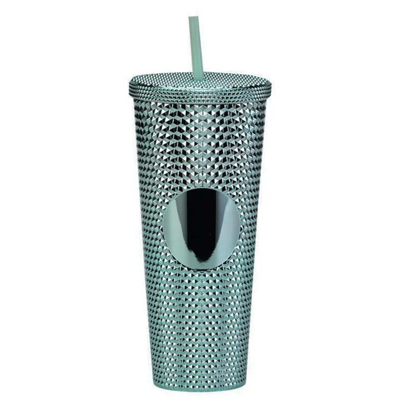 24Oz Matte Glow Inlaid Cup Plastic Coffee Cups With Straw Lids Double Wall Gradient Durian Cup Large Capacity Drinking Cup
