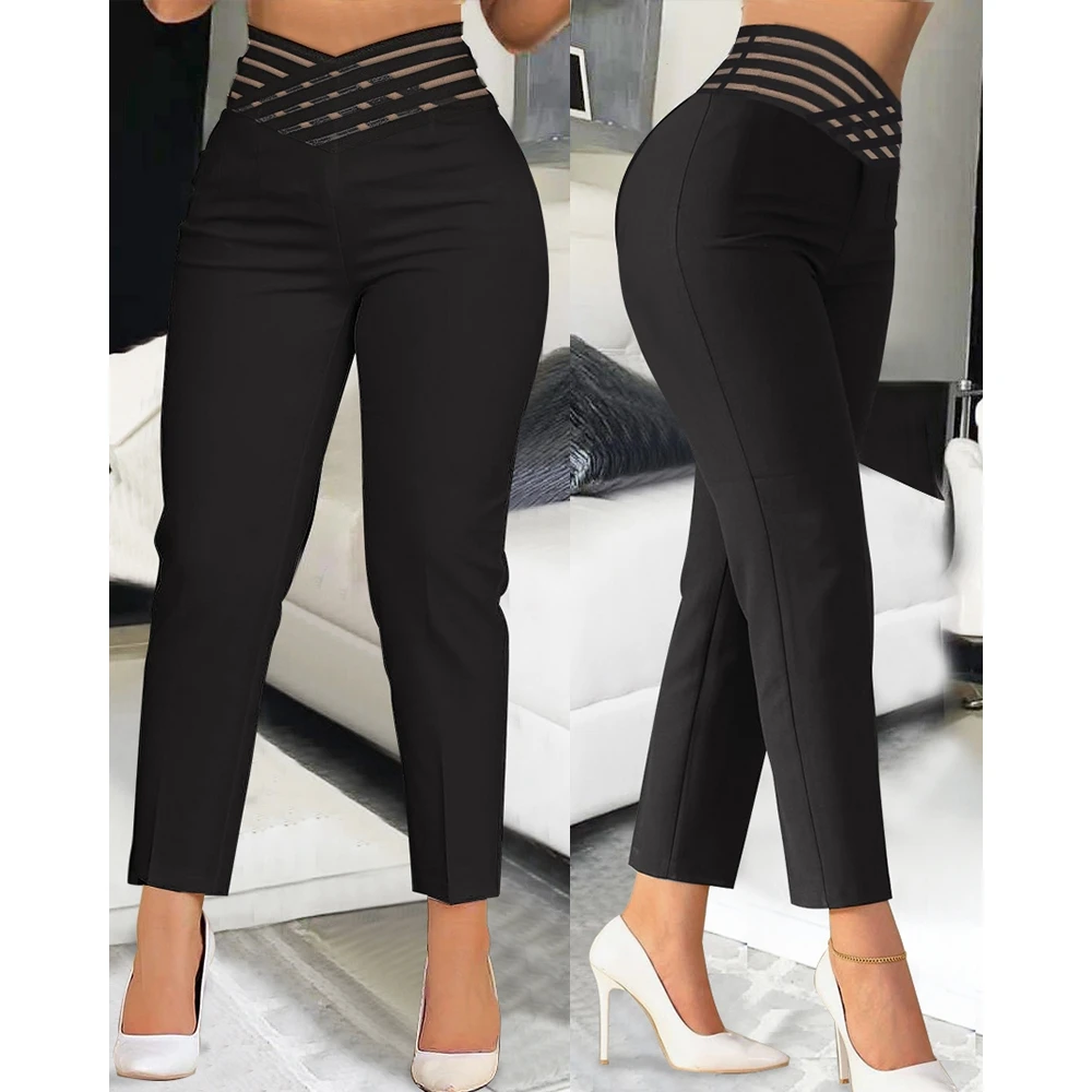 Women Overlap Cisscross Sheer Mesh Hollow Out Workwear Elegant Pants Female High Waist Casual Long Trouses Black Women Clothing