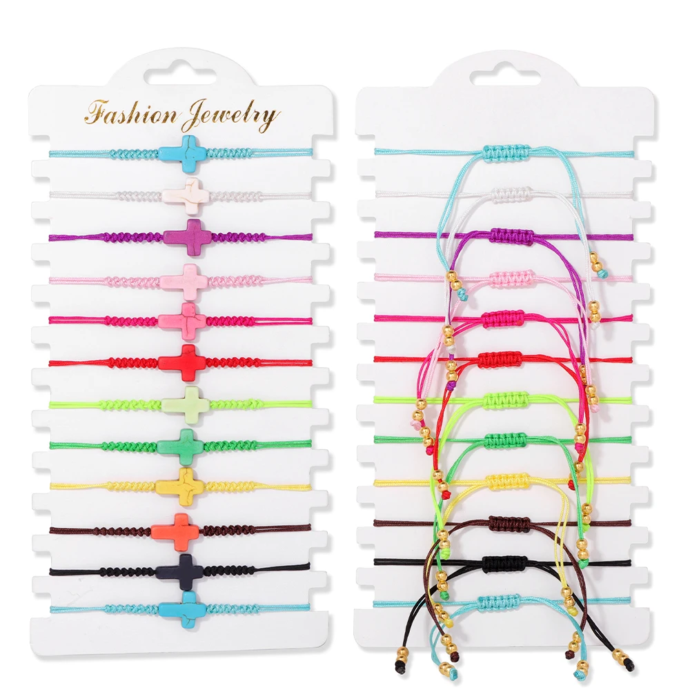 Colorful Natural Stone Adjustable Rope Bracelets - Handmade Bohemian Set with Cards (12 Pieces)