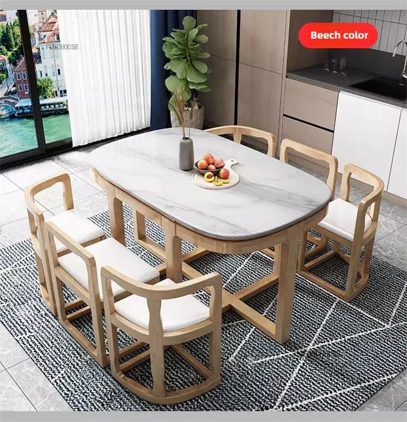 Restaurant Modern Space-saving 6-person Dining Table Home Solid Wood Dining Table and Chairs Minimalist Marble Pattern Tables e