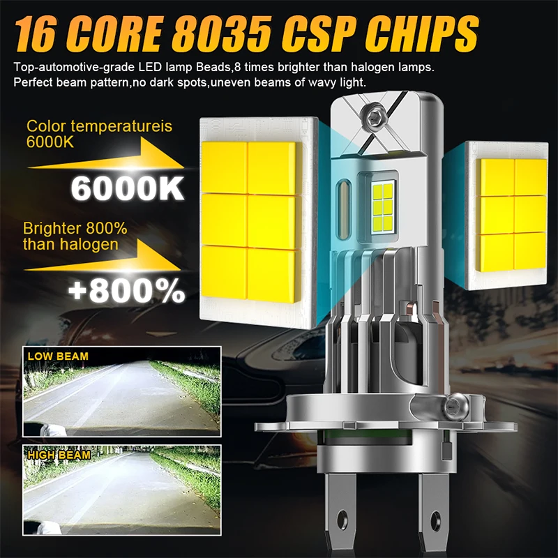 2개입 H7 H4 LED 헤드라이트 전구 6000W 초강력 6300000LM 슈퍼 화이트 6500K 12V 캔버스 H7 자동차 램프 에러 프리 터보 라이트 24V