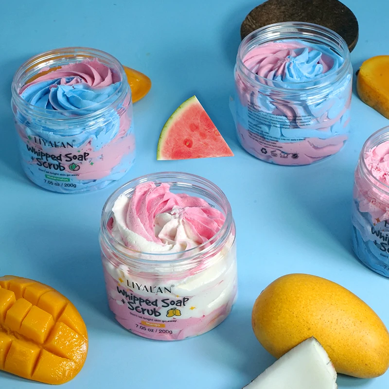 Private Label Whipped Bath Soap Clean Moisturizing Handmade Body Wash Cream Foaming Shea Butter Rainbow Scrub 200g