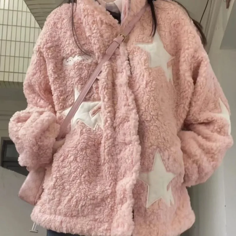 

Lamb Wool Pink Winter Jackets for Women Stand-up Collar Cotton Jacket Female Loose Warm Girls College Harajuku BF Style Coat Top