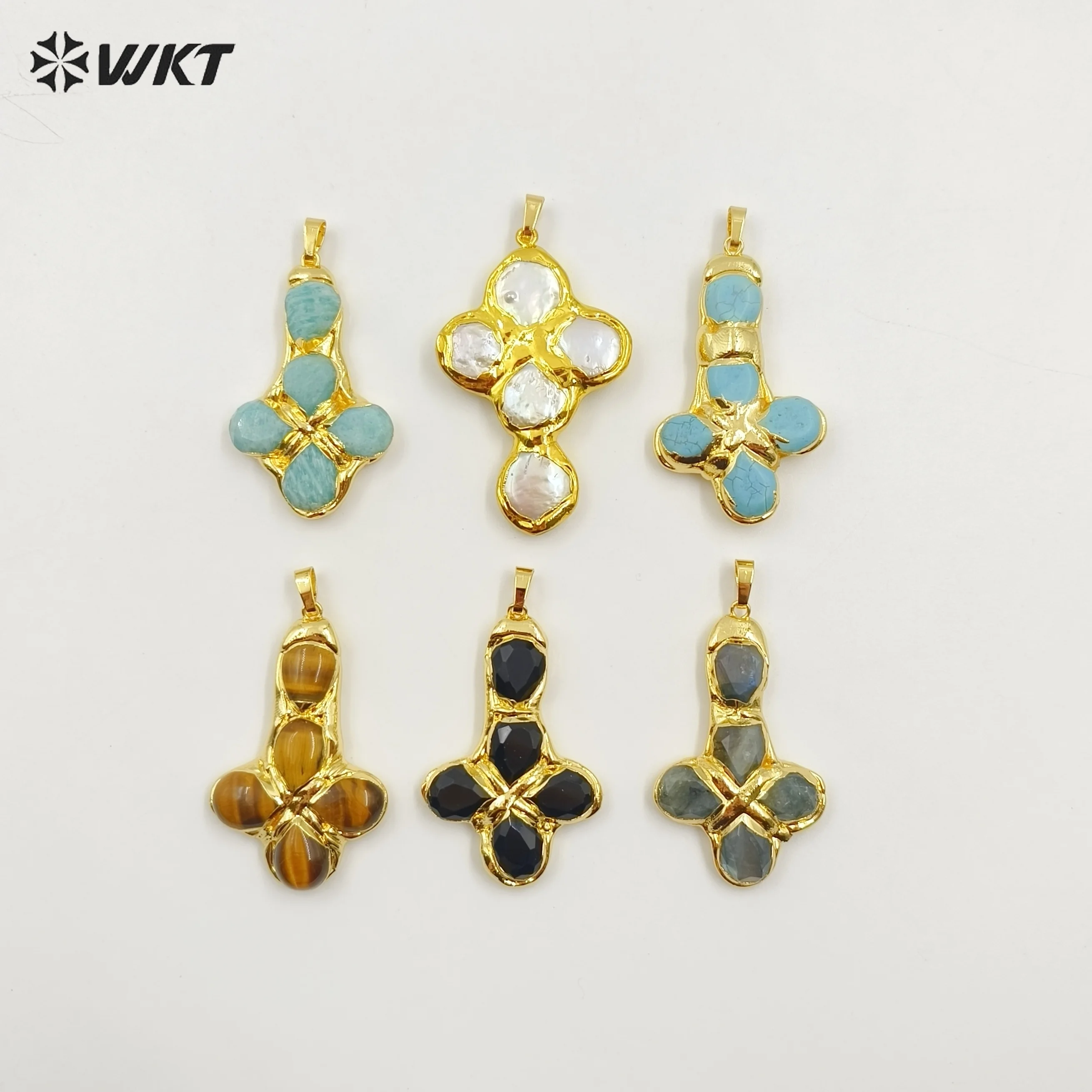 

WT-P1962 Wholesale Amazing New Design Natural Gemstone Made Drop Shape Assemble Cross Jewelry Pendants 10PCS