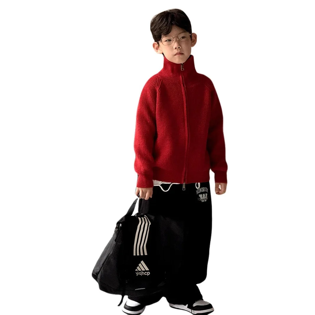 어린이 의류 남아 스웨터 코트 2025 가을 겨울 신상 한국 스타일 레드 스타일리시 니트 가디건 여아 스웨터