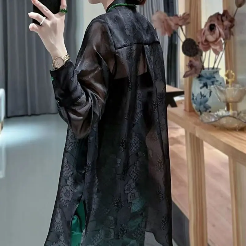 Female Clothing Vintage Printed Midi Shirt Chinese Disc Buckle Spring Summer Thin Single-breasted Stylish Stand Collar Blouse