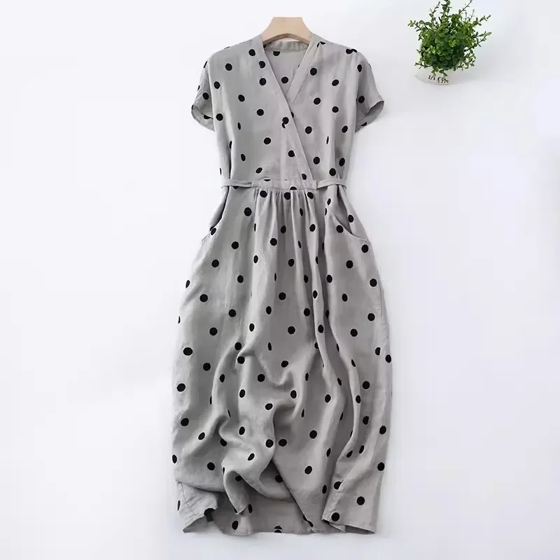 

New in Summer Dresses Fashion Elegant Solid Color Short Sleeve Tops Round Neck Cotton Linen Side Split Skirt Women's Clothing