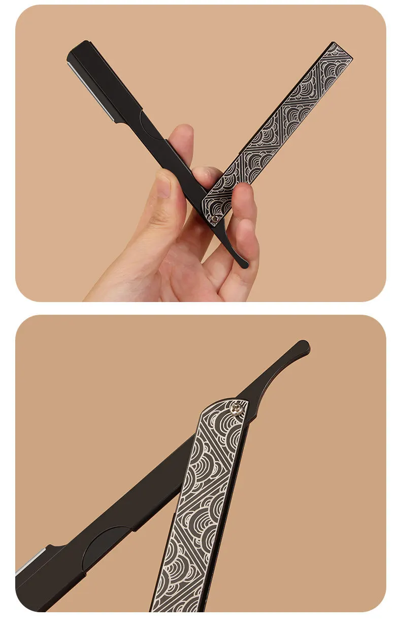 Retro Männer Rasieren Barber Tools Haar Rasiermesser Schwarz Klapp Rasierer Messer Aluminium Legierung Gerade Sicherheit Rasiermesser Barbearia Halter Geschenk – Detail 9