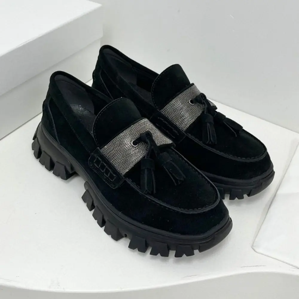 Bead Chain Women's Suede Shoes Tassels Stitching Fashion Ladies Loafers 4
