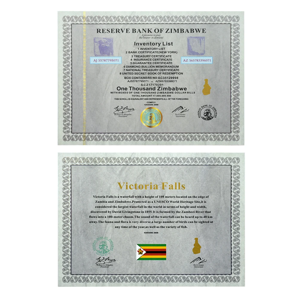 

100 pcs Zimbabwe Certificate Scroll One Thousand Zimbabwe Paper Money Inventory List Retro Style Belt Gold Belt with UV Light