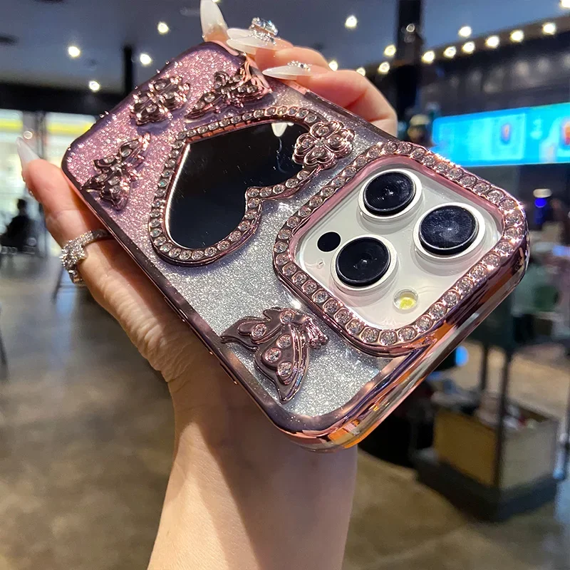 Luxury Electroplate Butterfly Glitter Diamond Case for IPhone 17 16 15 14 13 12 Pro Max Transparent Heart Make Up Mirror Cover view 3