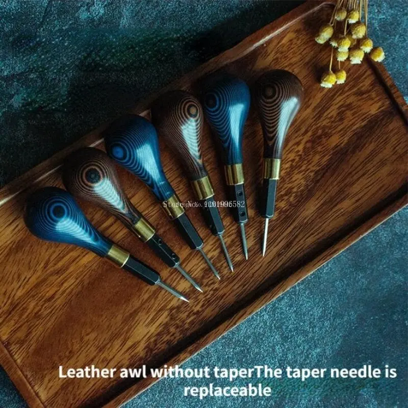 1Set DIY Leather Punch Awl Wood Handle Replaceable Needle Head