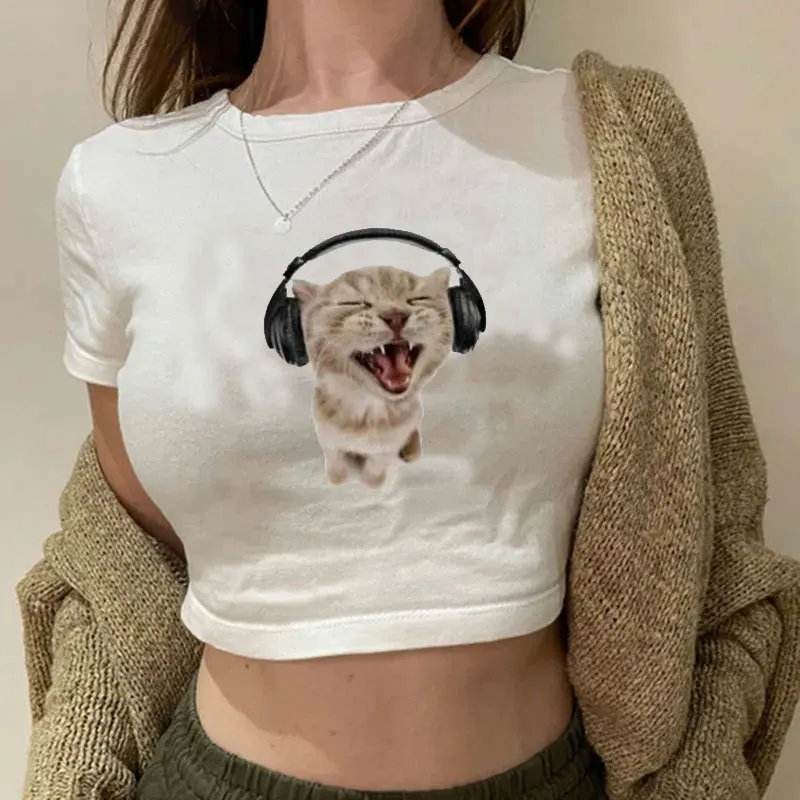 

Top Women's Cute Cat Printed Short Sleeve T-shirt Harajuku Fashion O Neck Cropped Navel Women Crop Y2K Clothing crop top