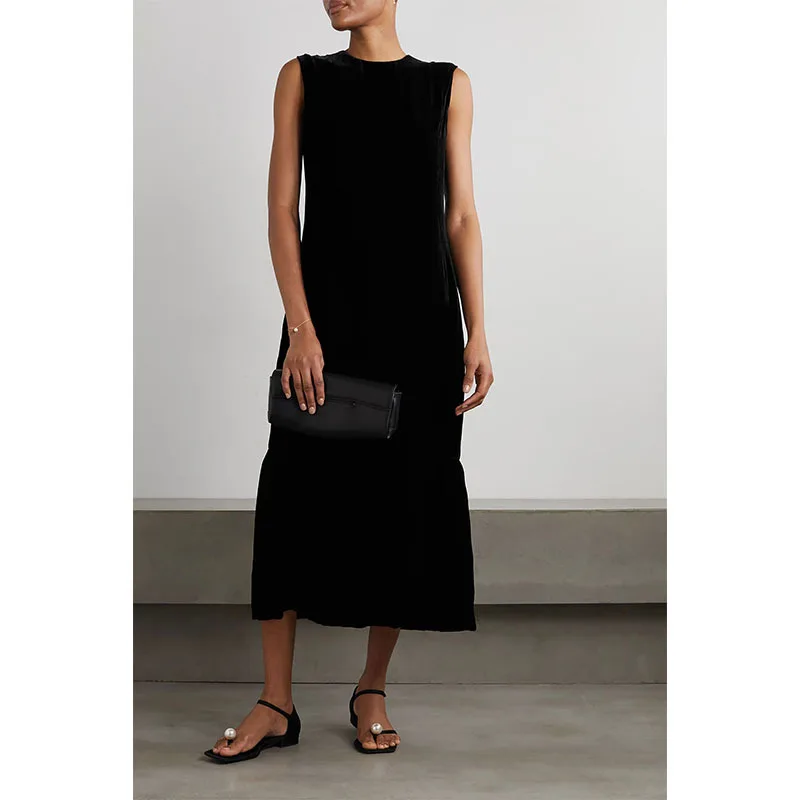 

T0te* Silk Velvet Black Dress Retro Ruffle Hem Sleeveless Long Dresses Women Crew Neck Pullover Birthday Dress for Women