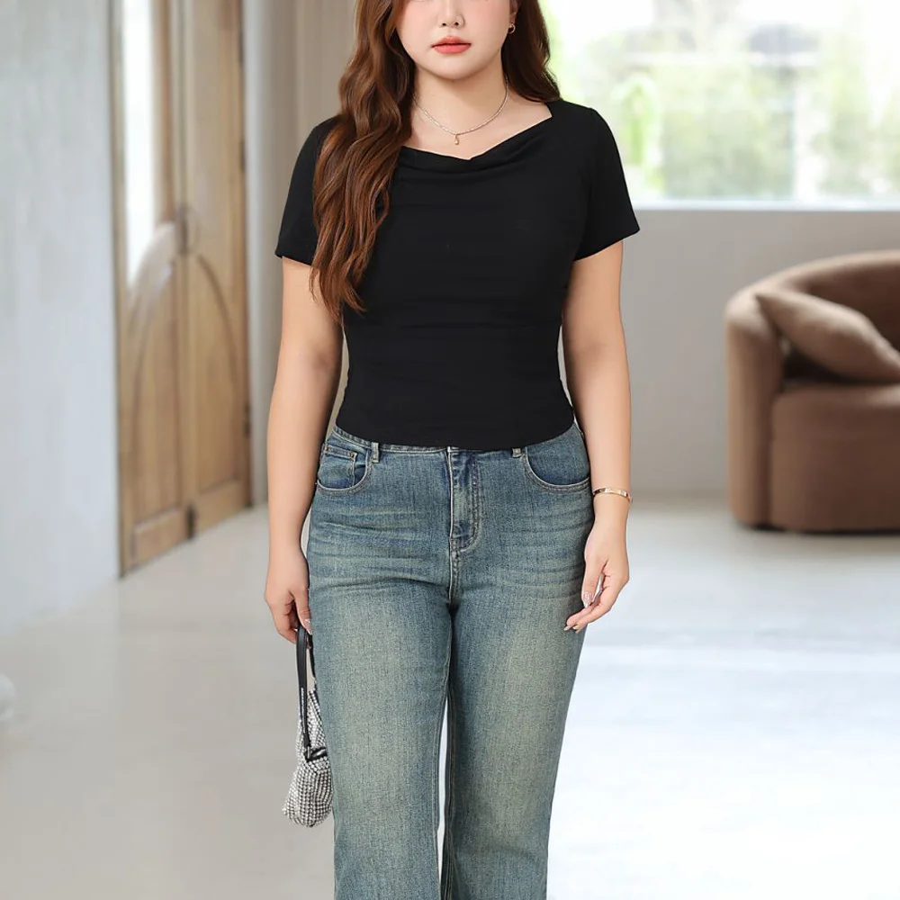 Plus Size Women Swing Collar Short Sleeved Tops Premium Summer Stylish Fold Waist Slim Tees Fashion Solid Color T-Shirt 9245