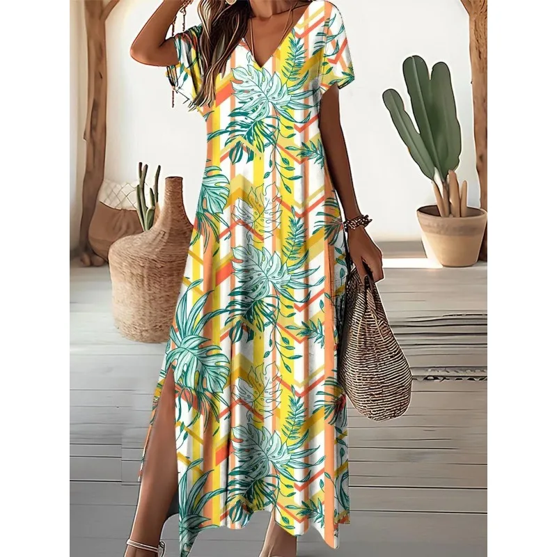 

Women's Lake Sunset Art Print Casual Dress Sexy V-Neck Short Sleeve Hem Split Beach Long Dresses Summer Beach Resort Style Dress