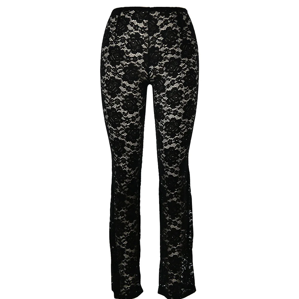 2024 Summer Solid Lace See Through Flare Pants Women Sexy Spicy Girls High Waist Casual Versatile Elegant Trousers Streetwear