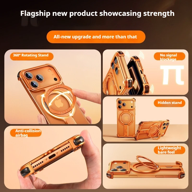 Eary for iPhone 17 Pro Max 17 Pro Phone Case Magnetic With 360°Rotation Stand Frameless Shell Magsafe Shockproof Protector Cover