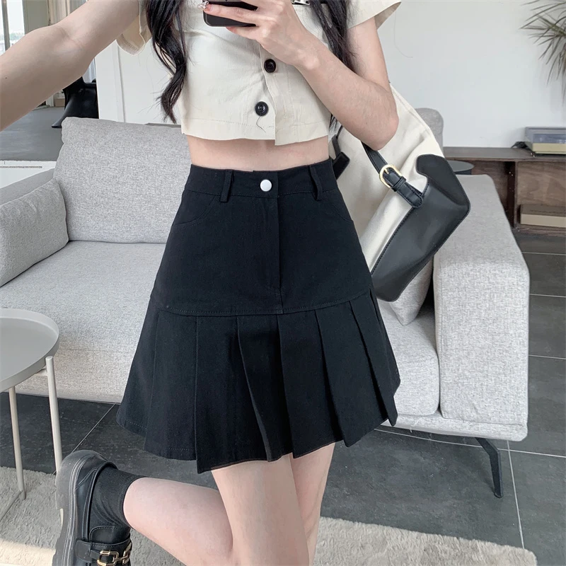 Denim Korean Pleated Skirt | Women Brown Denim Skirts