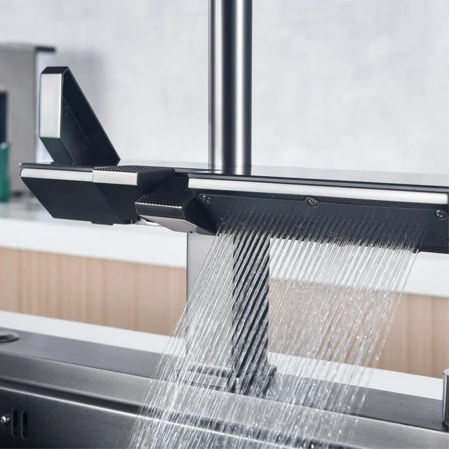 ก๊อกน้ำสำหรับห้องครัวทองเหลืองสีเทาแบบดึงออกได้หรูหราจอแสดงดิจิตอลหรูหราด้ามจับเดี่ยวก๊อกน้ำเย็นและร้อน2ชิ้น 4