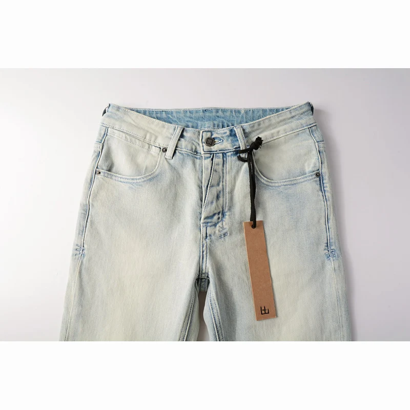Men's Washed Light Blue Skinny Original Quality Button Fly Ripped Jeans