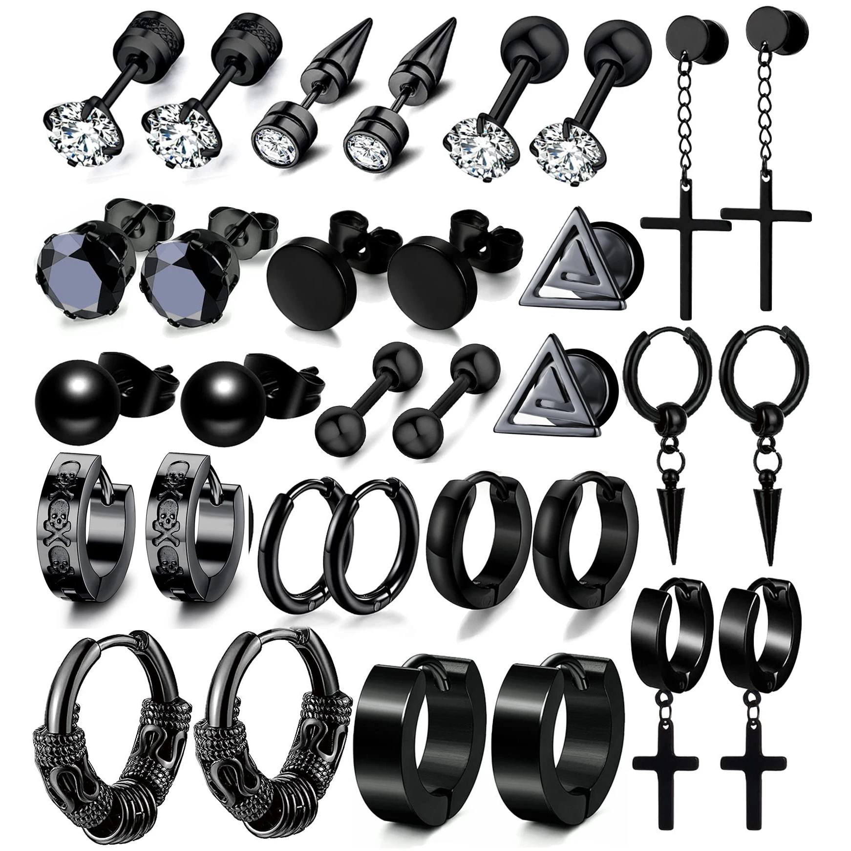 116PairsMensBlackEarringsandEarStudKitStainlessSteel